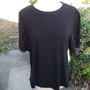 CeCe Black Knit Top with Lace Short Sleeves 1X  NWT